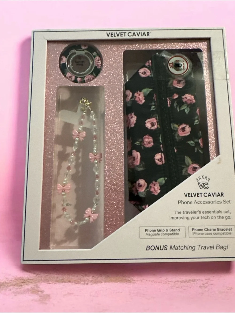 Velvet Caviar Black Floral Phone Accessories Gift Set with Pink Roses